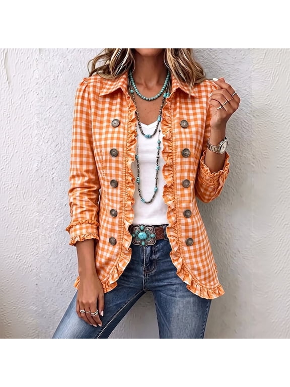 Womens Ruffled Gingham Plaid Blazer Jacket Lapel Collar Long Sleeve Vintage Single Breasted Outerwear Orange M