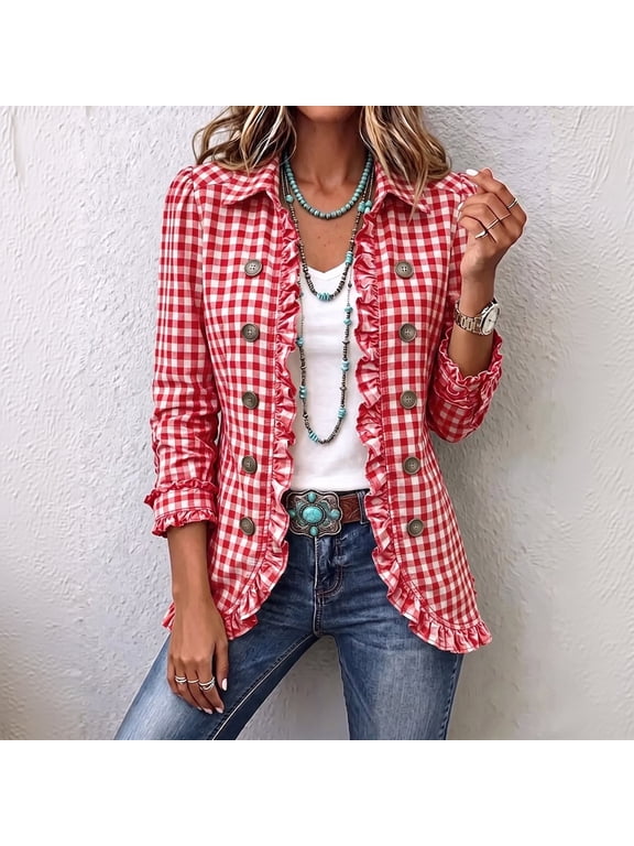 Womens Ruffled Gingham Plaid Blazer Jacket Lapel Collar Long Sleeve Vintage Single Breasted Outerwear Red M