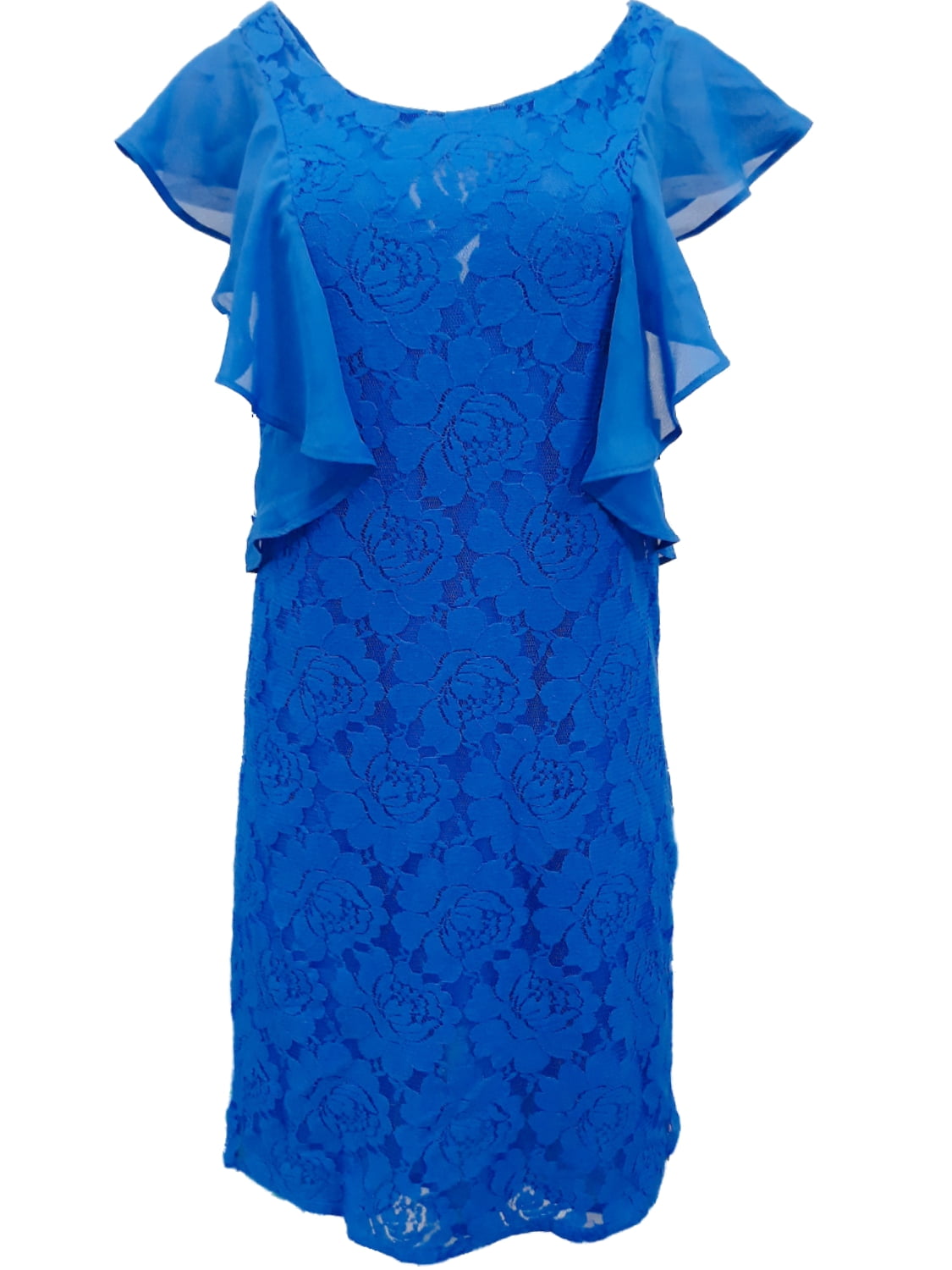 Womens Ruffled Royal Blue Capped Shoulder Cross Back Floral Lace Dress