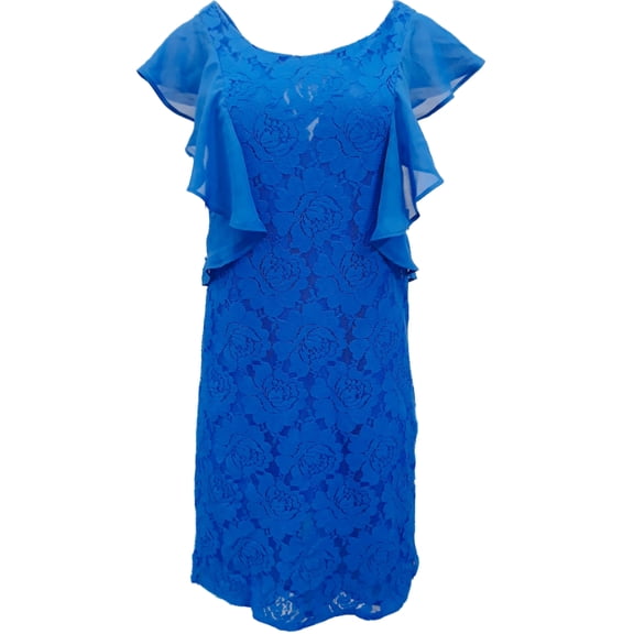 Womens Ruffled Royal Blue Capped Shoulder Cross Back Floral Lace Dress