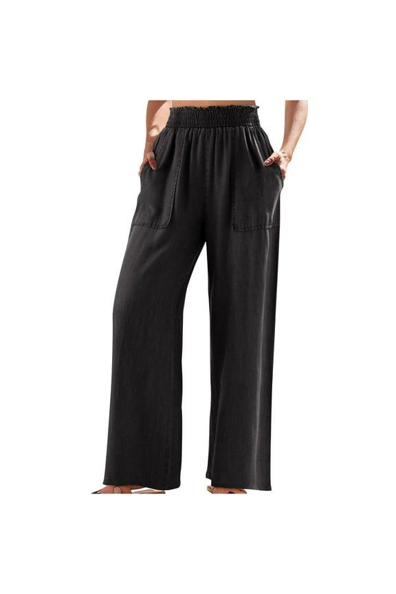 Womens Ruffled Smocked High Waist Slant Pocket Straight Tencel Denim Jeans Summer Lightweight Pants Black,S