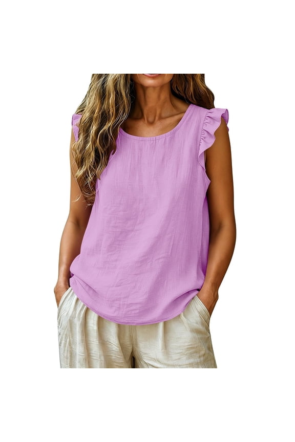Womens Ruffled Strap Tanks Tops Round Neck Sleeveless Linen Material Casual Everyday Summer Blouses Pink S