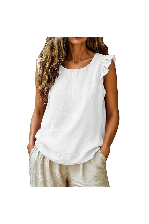 Womens Ruffled Strap Tanks Tops Round Neck Sleeveless Linen Material Casual Everyday Summer Blouses White M