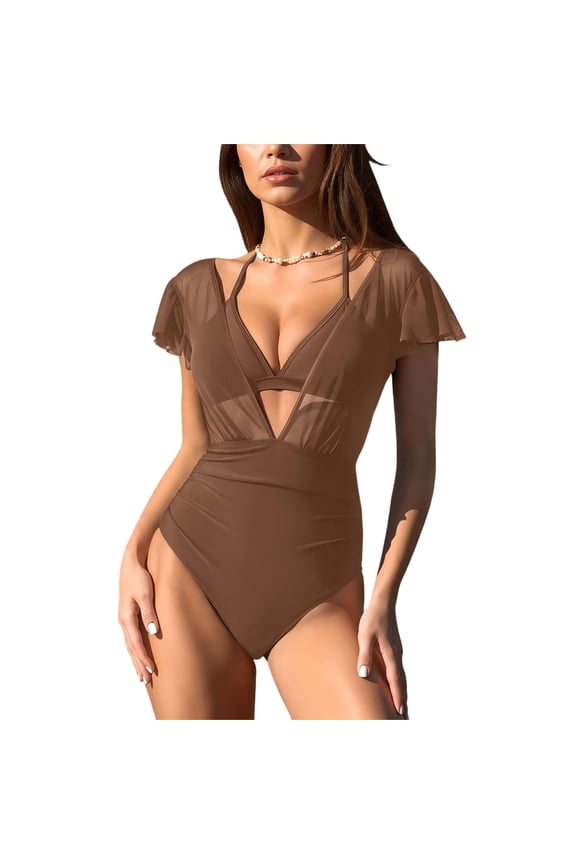 Womens Ruffled Swimsuits with Triangle Bikini Halter Top Swim Suits V Neck Ruched Short Sleeve Bathing Suit (L, Brown)