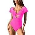thumbnail image 1 of Womens Ruffled Swimsuits with Triangle Bikini Halter Top Swim Suits V Neck Ruched Short Sleeve Bathing Suit (S, Hot Pink), 1 of 7