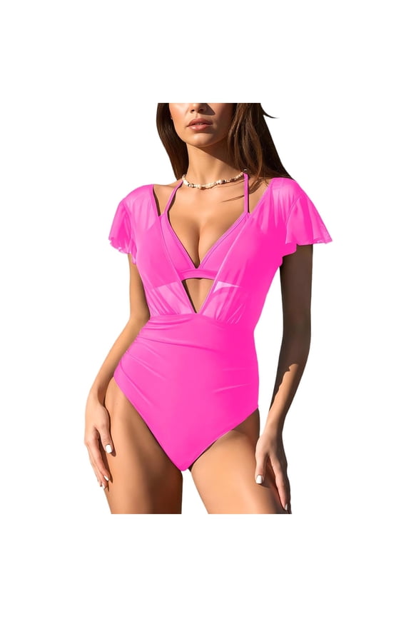 Womens Ruffled Swimsuits with Triangle Bikini Halter Top Swim Suits V Neck Ruched Short Sleeve Bathing Suit (S, Hot Pink)