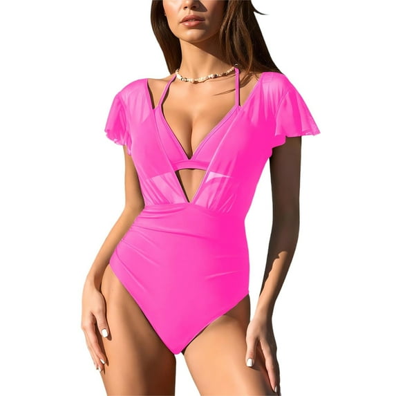 Womens Ruffled Swimsuits with Triangle Bikini Halter Top Swim Suits V Neck Ruched Short Sleeve Bathing Suit (S, Hot Pink)