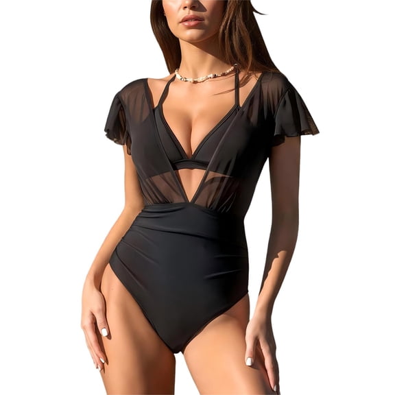 Womens Ruffled Swimsuits with Triangle Bikini Halter Top Swim Suits V Neck Ruched Short Sleeve Bathing Suit (XL, Black)