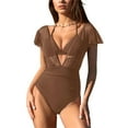 thumbnail image 1 of Womens Ruffled Swimsuits with Triangle Bikini Halter Top Swim Suits V Neck Ruched Short Sleeve Bathing Suit (XL, Brown), 1 of 7