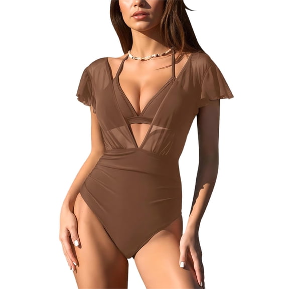 Womens Ruffled Swimsuits with Triangle Bikini Halter Top Swim Suits V Neck Ruched Short Sleeve Bathing Suit (XL, Brown)