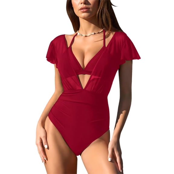 Womens Ruffled Swimsuits with Triangle Bikini Halter Top Swim Suits V Neck Ruched Short Sleeve Bathing Suit (XL, Red)