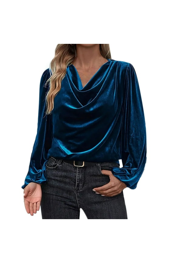 Womens Ruffled Velvet Tops, Long Sleeve Shirts for Women Fall Fashion Elegant Solid Color V Neck Dressy Blouses S-3XL