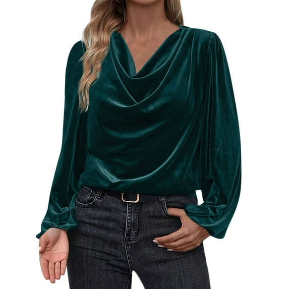 Womens Ruffled Velvet Tops, Long Sleeve Shirts for Women Fall Fashion Elegant Solid Color V Neck Dressy Blouses