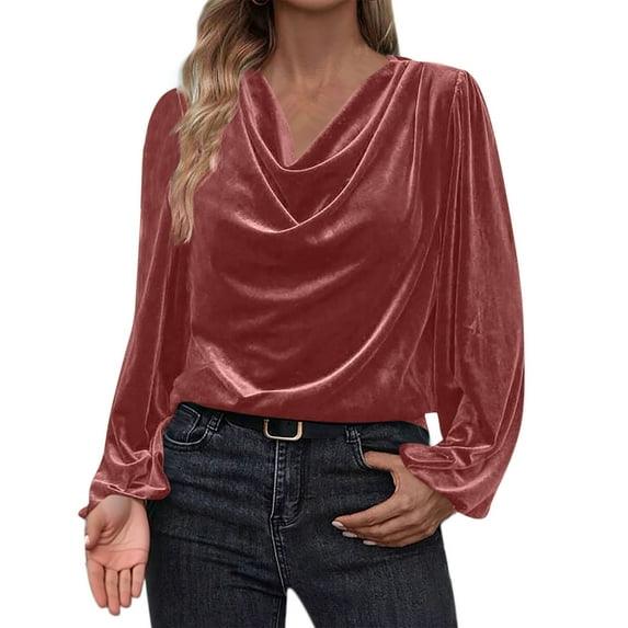 Womens Ruffled Velvet Tops, Long Sleeve Shirts for Women Fall Fashion Elegant Solid Color V Neck Dressy Blouses