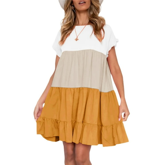 Womens Ruffles Boho Style T-Shirt Dress Loose Swing Casual Short Dress