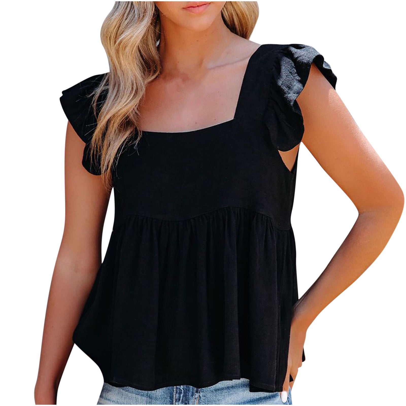 outlet canada clearance - Prime Deals of The Day Today only lcepcy  Ruffle Hem Tank Top for Women Casual Solid Color Crew Neck Sleeveless Shirts  Loose Fit Flowy Blouses Tees Clothes