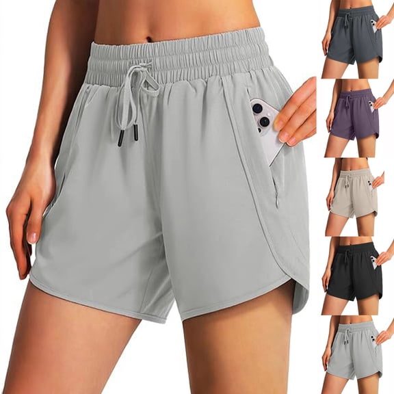 Womens Running Athletic Shorts - 2 in 1 High Waisted Workout Gym Casual Shorts Mesh Liner Zipper Pockets, Light Gray XXL