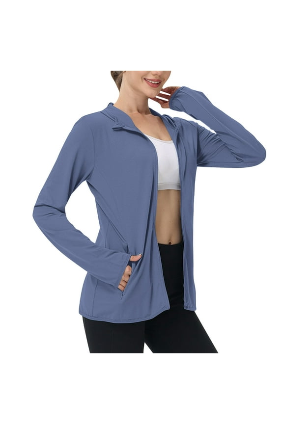 Womens Running Jacket, Long Sleeve Sports Gym Hoodies Yoga Fitness Top with Pockets Navy XS