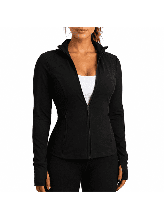 Womens Running Jackets Slim Fit Athletic Jackets Workout Full Zip Up Yoga Top with Pockets and Thumb Holes