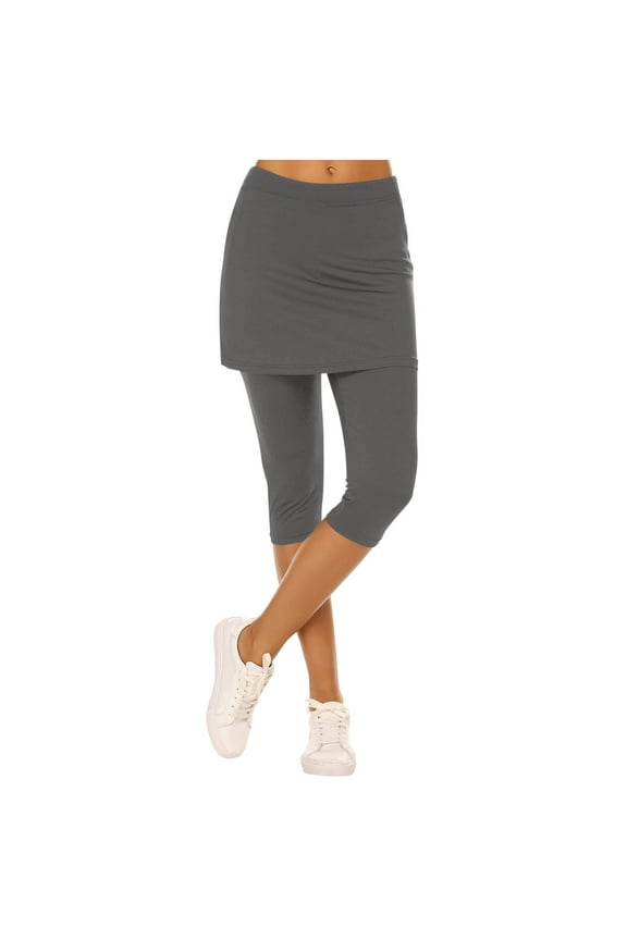 Womens Running Skirted Leggings Tennis Capris Yoga Leggings Workout Active High Waist Skirt Pants Gray, XXL