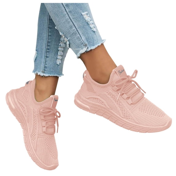 Womens Running Work Shoes Tennis Non Slip Walking Gym Sneakers Knitted Mesh Breathable Elastic Cushioned Lightweight Footwear Pink Size 8.5