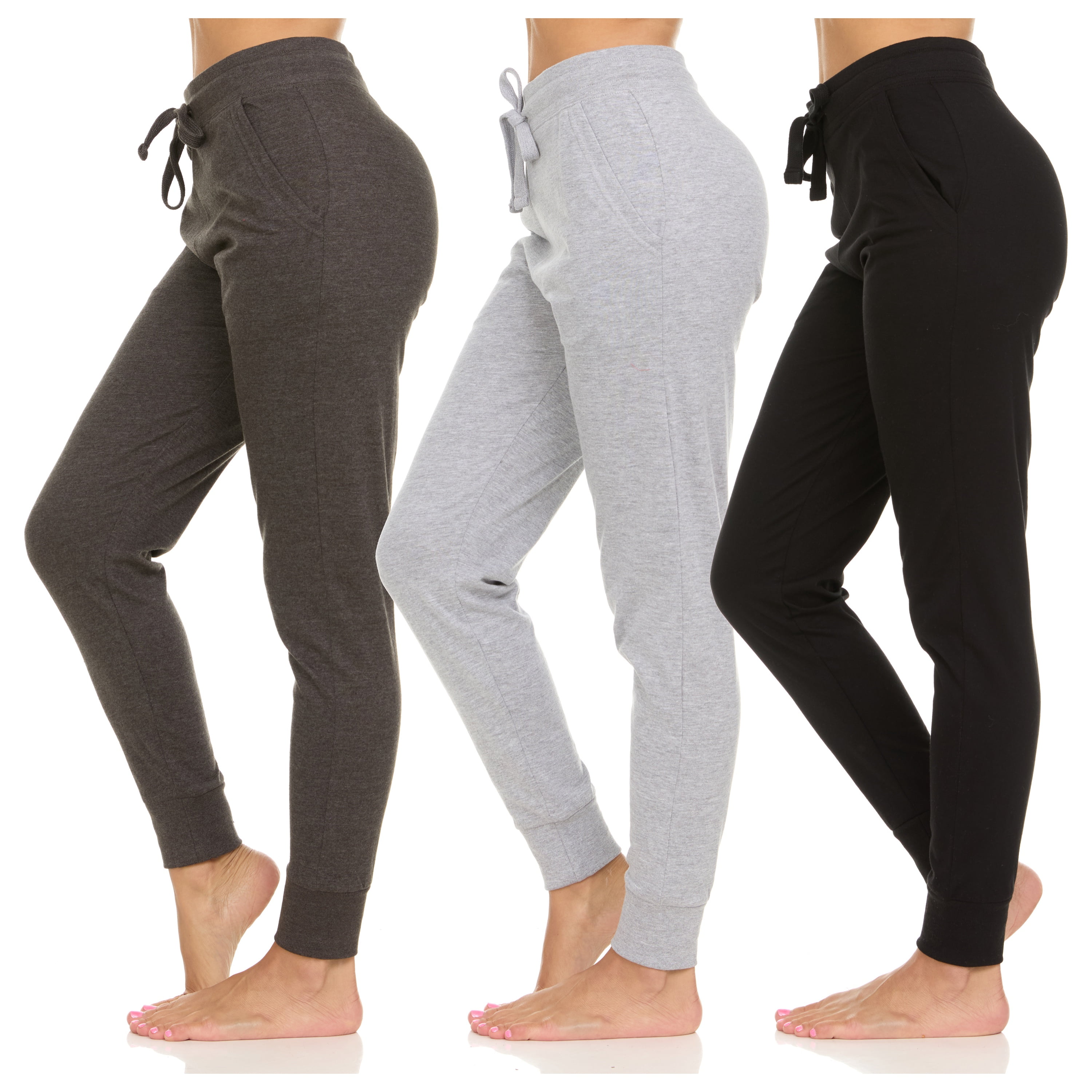 Womens Running Workout Fleece Joggers Sweatpants with Pockets and Ealstic Cuff, Pack of 3 Up to XXL