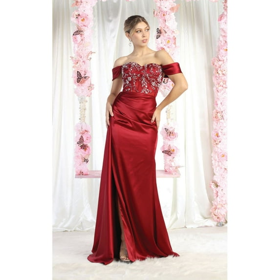 Women's May Queen MQ1977 Sheer Bodice Red Carpet Gown-New Collection Burgundy 8