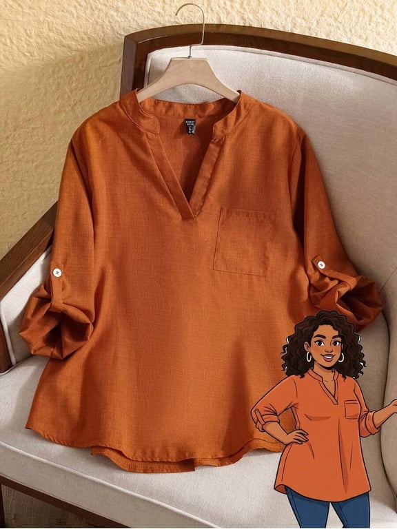 Womens Rust Brown Deep V-Neck Casual Button Cuff Long Sleeve Blouse