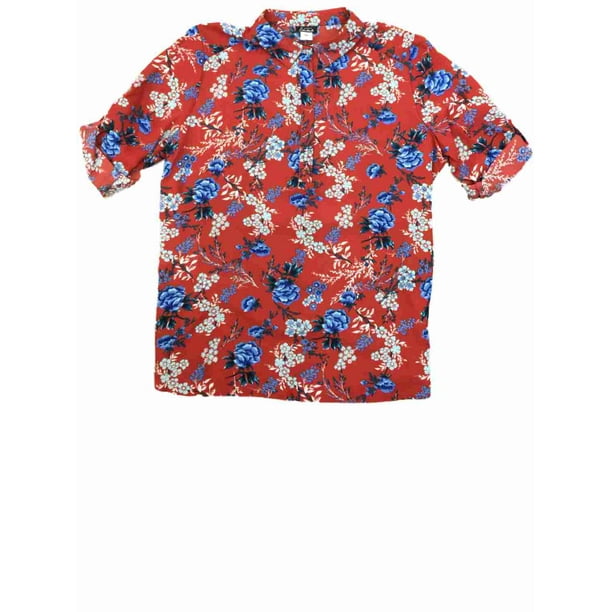 Womens Rust Orange Blue & Teal Floral Blouse Flower Dress
