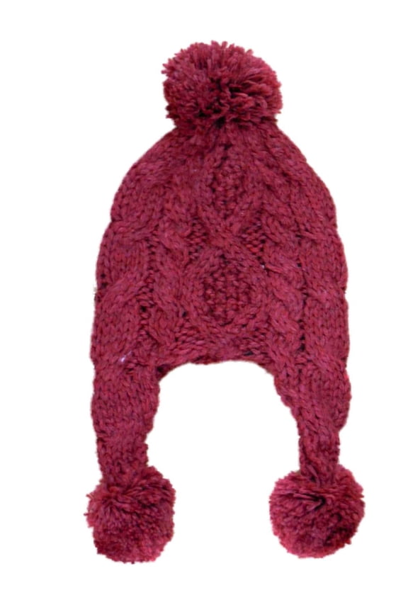 Womens Rust Red Lumpy Knit Trapper Style Beanie Hat With Pom Pom Top Aviator