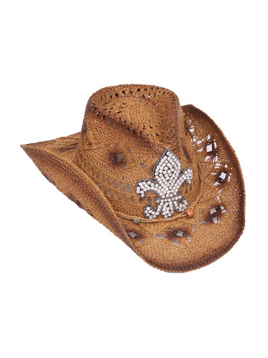 Womens Rustic Cowboy Hat w Sequined Fleur de lis Natural