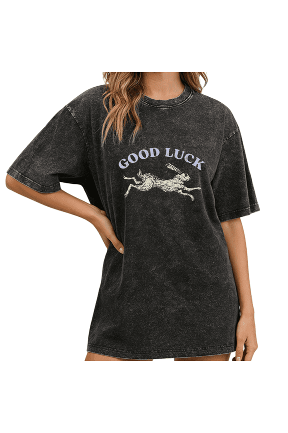 Womens S-2XL Vintage Washed Black Short Sleeve T Shirt Good Luck Bunny Print Casual Crew Neck Graphic Top