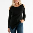 thumbnail image 1 of Womens S/M Black French Terry Cold Shoulder Asymmetrical Hem Long Sleeve Top by Howard's, 1 of 5