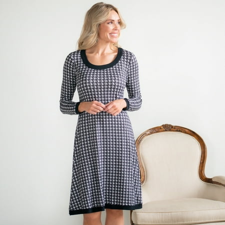 Womens S/M Houndstooth Long Sleeve Brushed Jersey Scoop Neck Knee Length Dress by Howard's