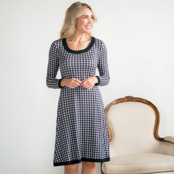 Womens S/M Houndstooth Long Sleeve Brushed Jersey Scoop Neck Knee Length Dress by Howard's