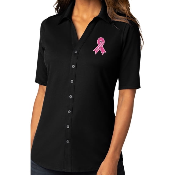 Womens SURVIVOR Breast Cancer Patch Button-Down Stretch Shirt, Large Black
