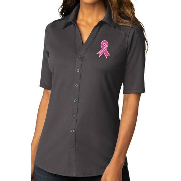 Womens SURVIVOR Breast Cancer Patch Button-Down Stretch Shirt, XL Graphite Gray