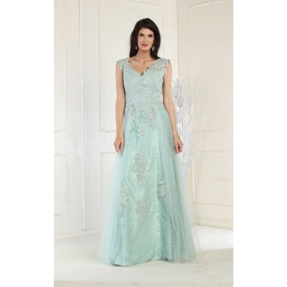Womens Sage Formal Wedding Embroidered Long V-Neck Sleeveless A-Line Plus Size Dress