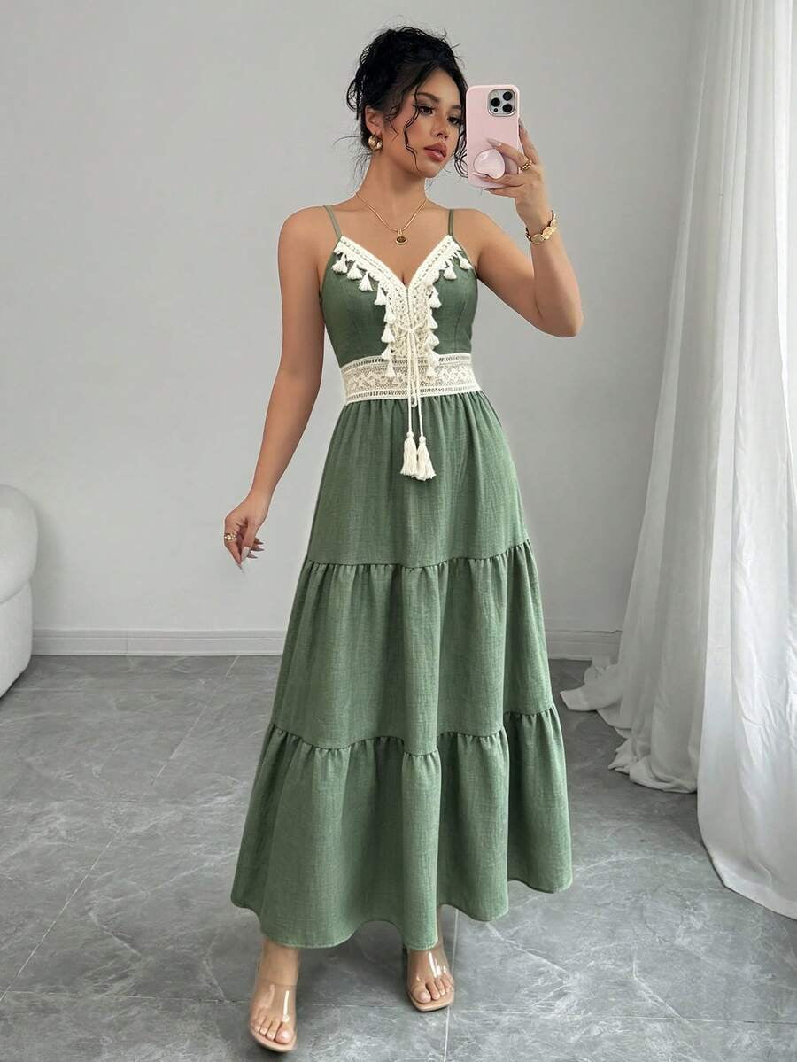 sage green boho dress Womens V-Neck Tiered Maxi With Lace Tassel Detail, Women's, Size: XL Size:XS-FINAL SALE 70s 80s dress The Dress. Is it Wedding dress A lace waistband defines