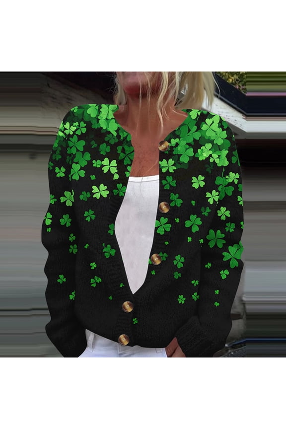 Womens Saint Patrick's Day Cardigan Sweaters Shamrock Pattern Long Sleeve Button Down Cardigan Saint Patrick's Day Gifts