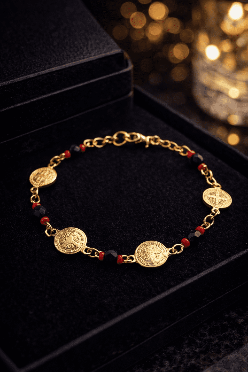 Womens San Benito Bracelet - Gold Filled Saint Benedictus Charm Black Red Beads