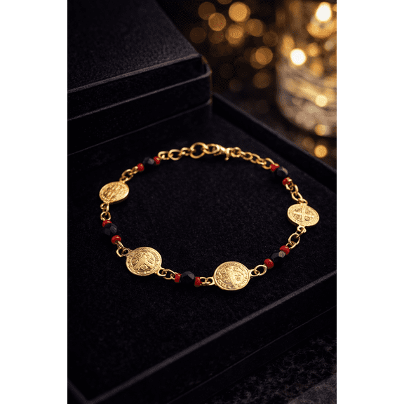 Womens San Benito Bracelet - Gold Filled Saint Benedictus Charm Black Red Beads