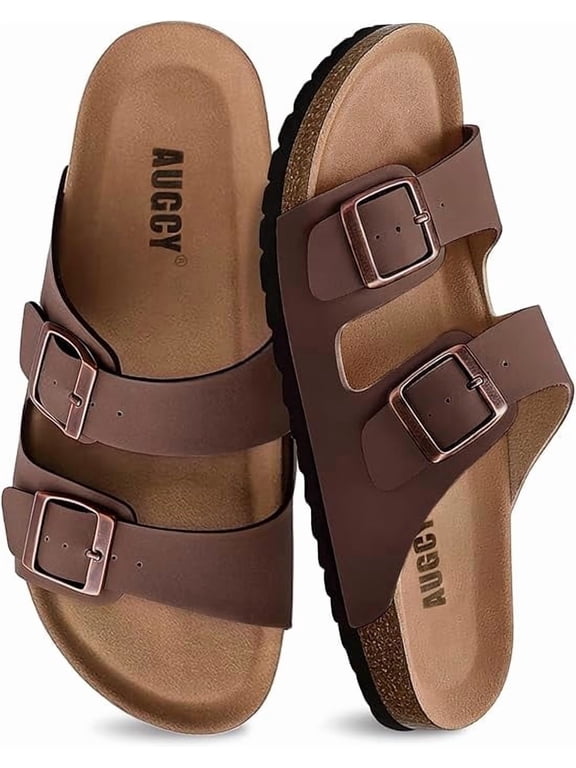 Womens Sandal Cork Footbed Slide, Arch Support Slides with Adjustable Buckle, Flat Heel Open Toe, Brown
