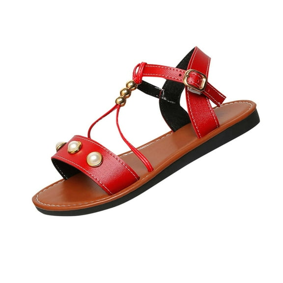 Womens Sandal Summer Women Beach Fashion Boho Flats Slides Open Toe Ankle Strap Sandals Casual Daily Shoes Red 9