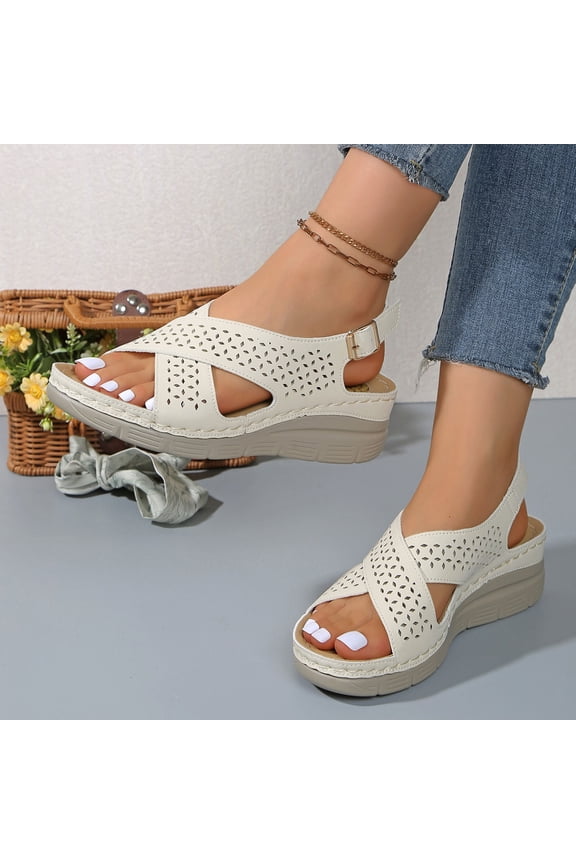 Womens Sandal Womens Oofos Slides Women's Fashion Casual Spring And Summer Beach Versatile One-Line Buckle Solid Color Round Toe Open Toe Wedge Heel Thick-Soled Sandals Beige