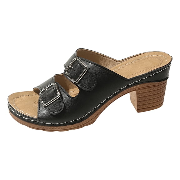 Womens Sandals 2024 Casual Retro Solid Colour Belt Buckle Heel High Heel Large Size Sandals Slippers