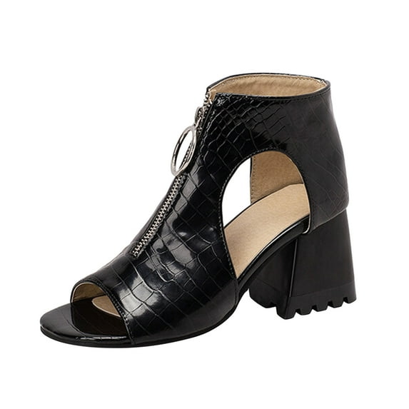 Womens Sandals 2024 Fashion Solid Color Leather Hollow Open Toe Thick High Heeled Front Zipper Roman Sandals