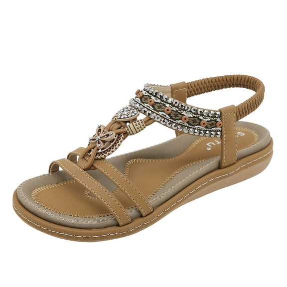 Womens Sandals Arch Support Summer Flat Slides Ankle Elastic Walking Shoes Boho Beach Walking Dressy Sandals