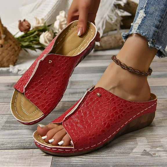 Womens Sandals Arch Support Wedge Open Toe Slip-on Peep Toe Slides Sandals Slippers Summer Women's Trendy Casual Daily Beach Vacation Shoes Red 43