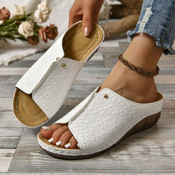 Womens Sandals Arch Support Wedge Open Toe Slip-on Peep Toe Slides Sandals Slippers Summer Women's Trendy Casual Daily Beach Vacation Shoes White 38